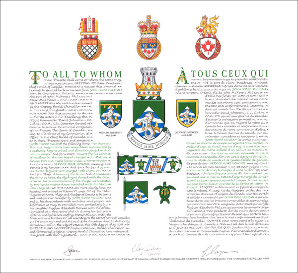 Letters patent granting heraldic emblems to John Ross McLean