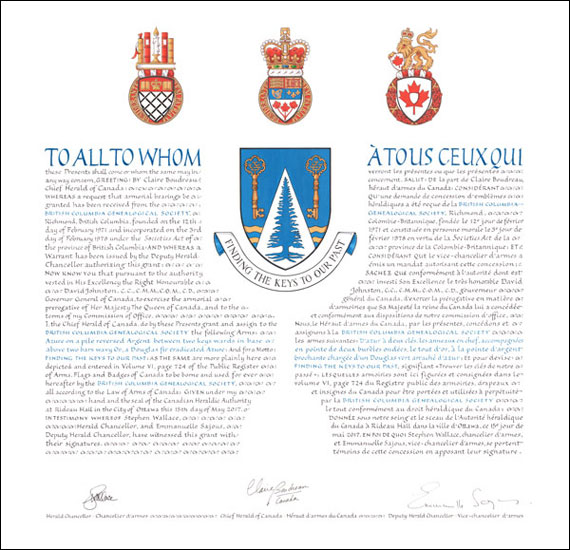 Letters patent granting heraldic emblems to the British Columbia Genealogical Society