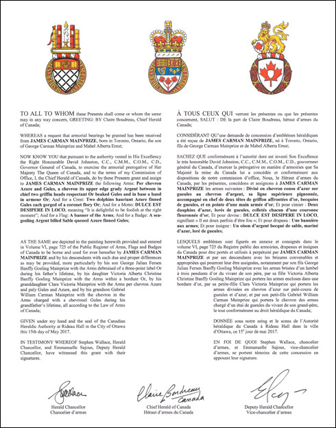 Letters patent granting heraldic emblems to James Carman Mainprize