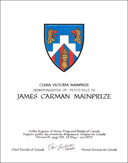 Letters patent granting heraldic emblems to James Carman Mainprize