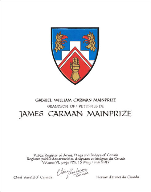 Letters patent granting heraldic emblems to James Carman Mainprize