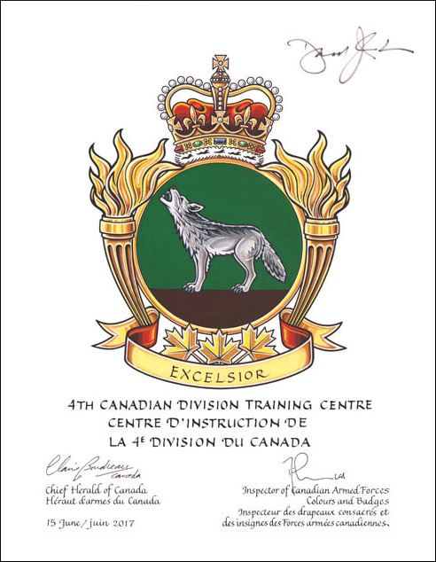 Letters patent approving the Badge of the 4th Canadian Division Training Centre