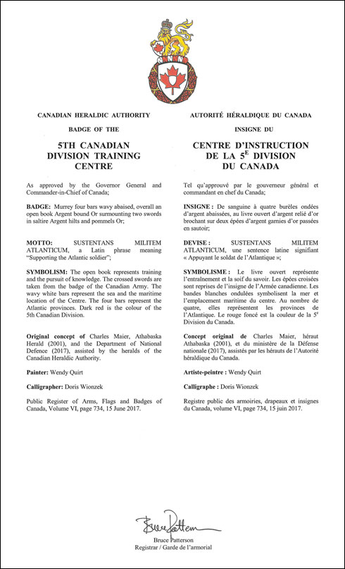 Letters patent approving the Badge of the 5th Canadian Division Training Centre