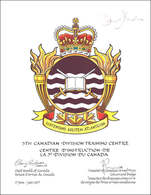 Letters patent approving the Badge of the 5th Canadian Division Training Centre