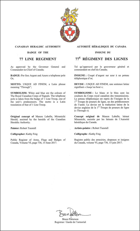 Letters patent approving the Badge of the 77 Line Regiment