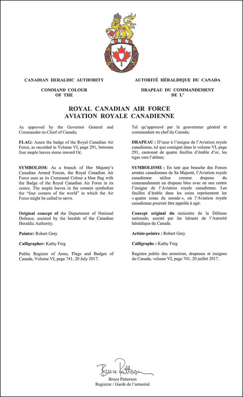 Letters patent approving the Command Colour of the Royal Canadian Air Force