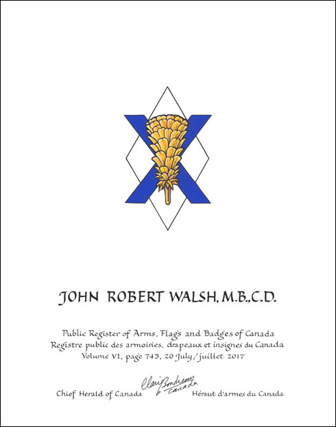 Letters patent granting heraldic emblems to John Robert Walsh