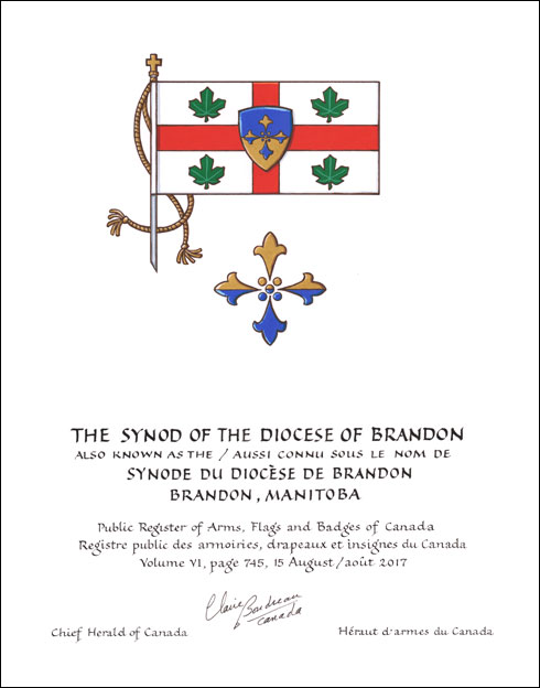 Lettres patentes concédant des emblèmes héraldiques à the Synod of the Diocese of Brandon (aussi connu sous le nom de Synode du Diocèse de Brandon)