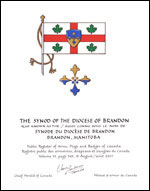 Lettres patentes concédant des emblèmes héraldiques à the Synod of the Diocese of Brandon (aussi connu sous le nom de Synode du Diocèse de Brandon)