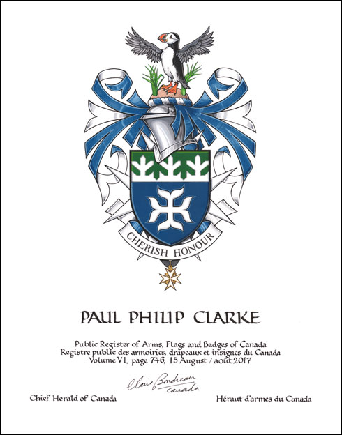 Letters patent granting heraldic emblems to Paul Philip Clarke