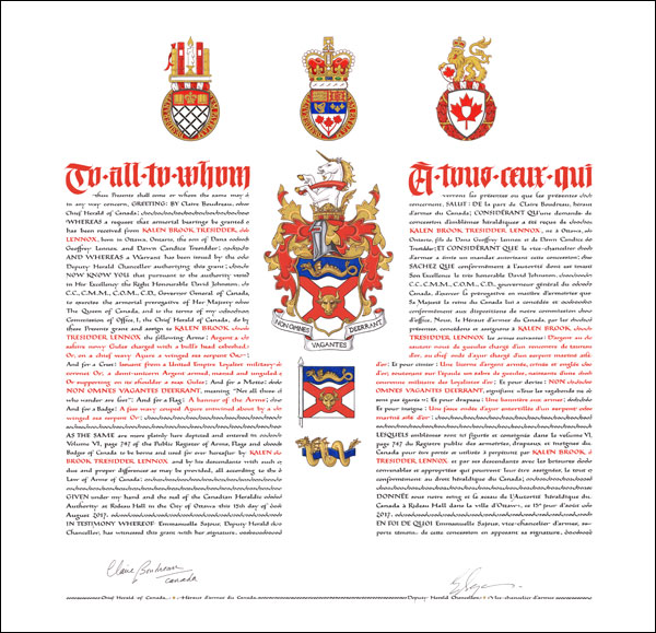 Letters patent granting heraldic emblems to Kalen Brook Tresidder Lennox