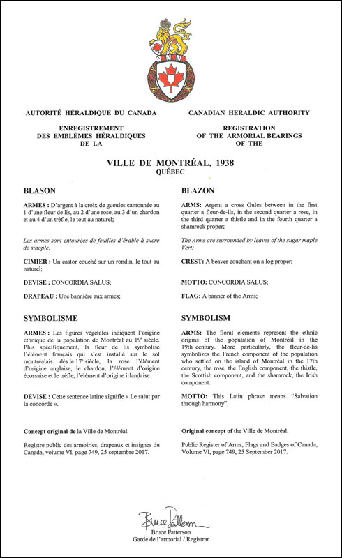 Letters Patent registering the Arms of the Ville de Montréal (1938)