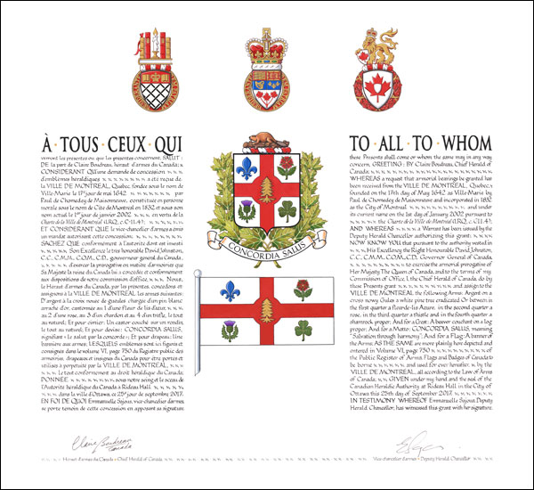 Letters patent granting heraldic emblems to the Ville de Montréal