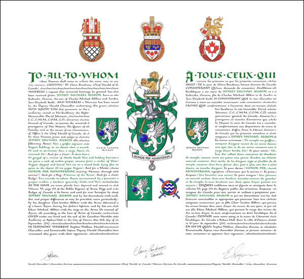 Letters patent granting heraldic emblems to Jeffrey Michael Allbon