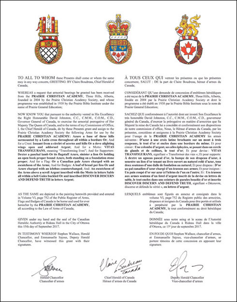 Letters patent granting heraldic emblems to the Prairie Christian Academy Society