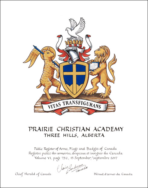 Letters patent granting heraldic emblems to the Prairie Christian Academy Society