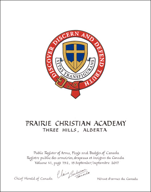 Lettres patentes concédant des emblèmes héraldiques à la Prairie Christian Academy Society