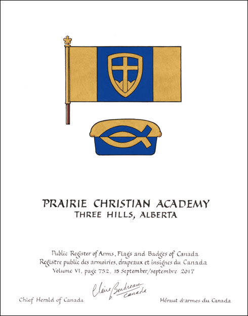 Letters patent granting heraldic emblems to the Prairie Christian Academy Society