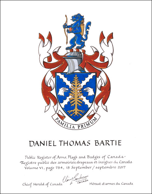 Letters patent granting heraldic emblems to Daniel Thomas Bartie