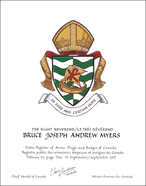 Letters patent granting heraldic emblems to Bruce Joseph Andrew Myers