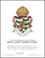 Letters patent granting heraldic emblems to Bruce Joseph Andrew Myers