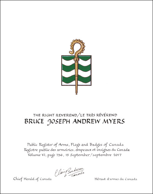 Letters patent granting heraldic emblems to Bruce Joseph Andrew Myers