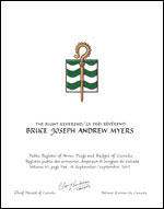 Letters patent granting heraldic emblems to Bruce Joseph Andrew Myers