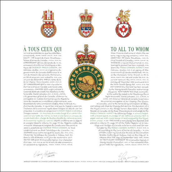 Letters patent granting heraldic emblems to the Parks Canada Agency