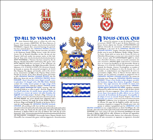 Letters patent granting heraldic emblems to the Catholic Pacific College Society