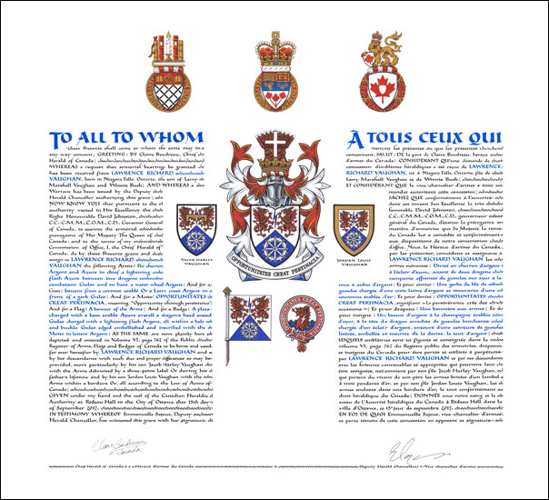 Letters patent granting heraldic emblems to Lawrence Richard Vaughan