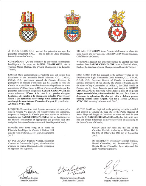 Letters patent granting heraldic emblems to Sabine Champagne