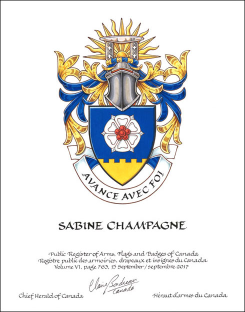 Letters patent granting heraldic emblems to Sabine Champagne