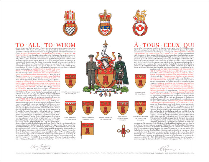 Letters patent granting heraldic emblems to Alfred John Gardyne Drummond de Chastelain