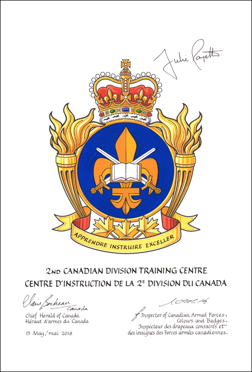 Letters patent approving the heraldic emblems of the 2nd Canadian Division Training Centre