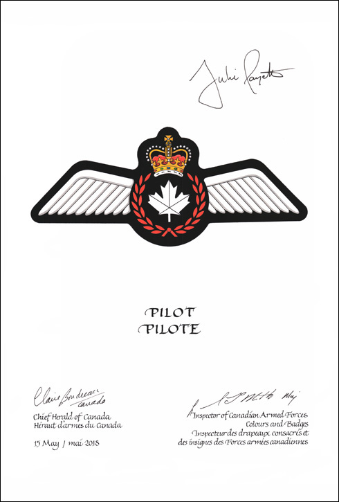 Letters patent approving the heraldic emblems of the Pilot of the Canadian Armed Forces