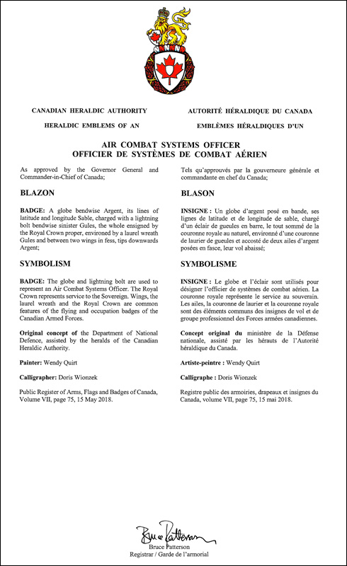 Letters patent approving the heraldic emblems of the Air Combat Systems Officer of the Canadian Armed Forces