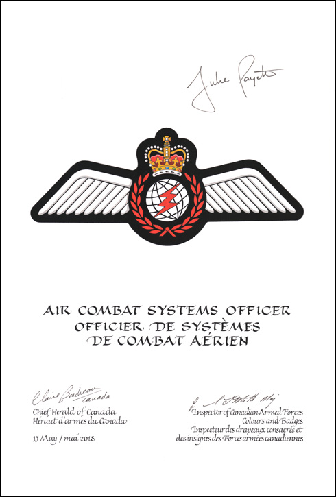 Letters patent approving the heraldic emblems of the Air Combat Systems Officer of the Canadian Armed Forces