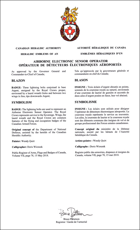 Lettres patentes  approuvant les emblèmes héraldiques d'un opérateur de détecteurs électroniques aéroportés des Forces armées canadiennes