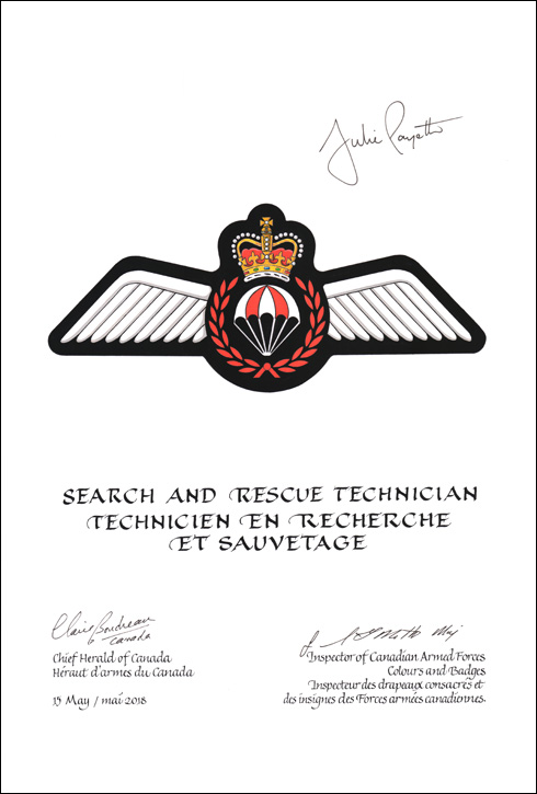 Letters patent approving the heraldic emblems of a Search and Rescue Technician of the Canadian Armed Forces