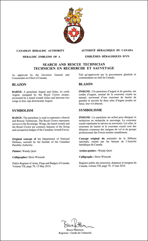 Letters patent approving the heraldic emblems of a Search and Rescue Technician of the Canadian Armed Forces