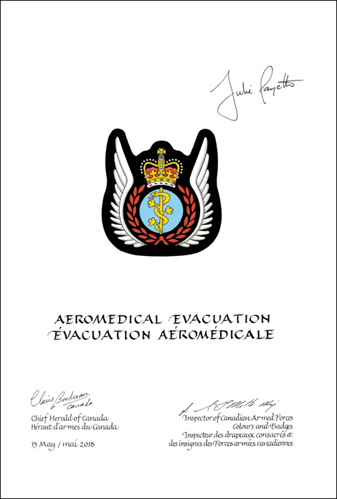 Lettres patentes approuvant les emblèmes héraldiques de l'évacuation aéromédicale des Forces armées canadiennes