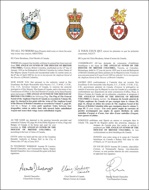 Lettres patentes concédant des emblèmes héraldiques à The Anglican Synod of the Diocese of British Columbia