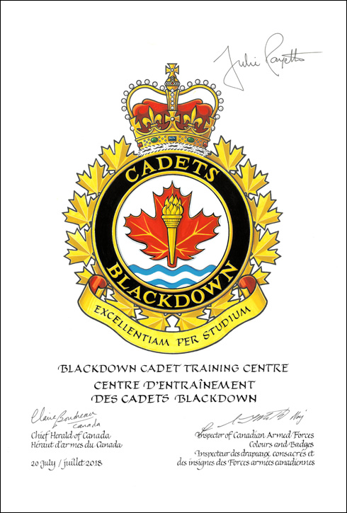 Lettres patentes approuvant les emblèmes héraldiques du Centre d’entraînement des cadets Blackdown