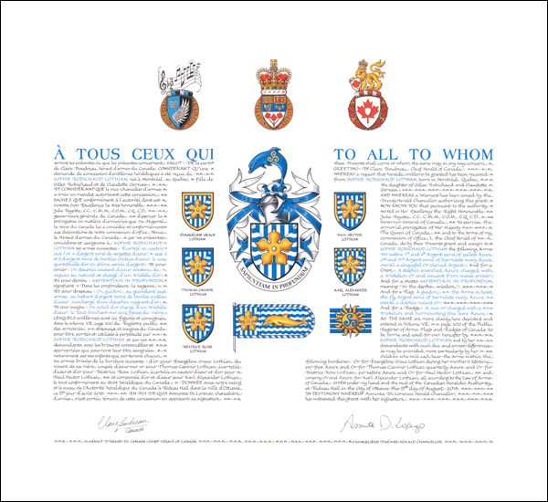 Letters patent granting heraldic emblems to Sophie Robichaud Lothian