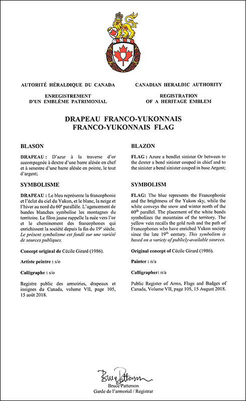 Lettres patentes enregistrant le drapeau franco-yukonnais