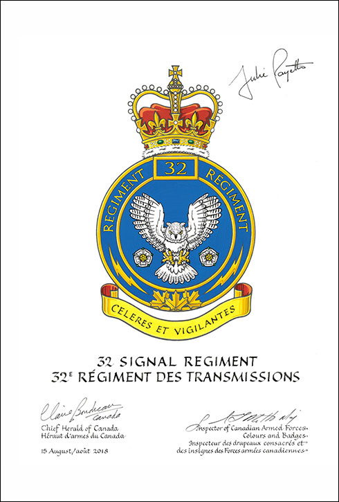 Lettres patentes approuvant les emblèmes héraldiques du 32<sup>e</sup> Régiment des transmissions