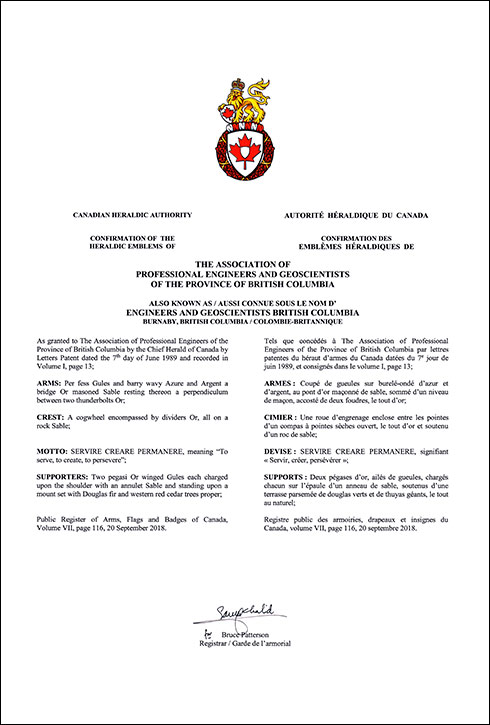 Lettres patentes confirmant les emblèmes héraldique de The Association of Professional Engineers and Geoscientists of the Province of British Columbia