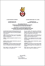 Lettres patentes confirmant les emblèmes héraldique de The Association of Professional Engineers and Geoscientists of the Province of British Columbia