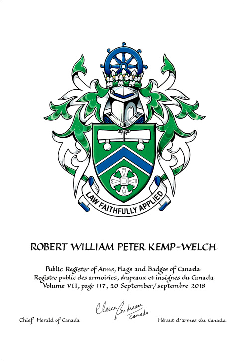 Lettres patentes concédant des emblèmes héraldiques à Robert William Peter Kemp-Welch