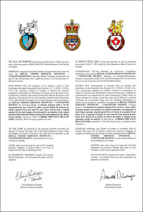 Letters patent granting heraldic emblems to the Royal United Services Institute – Vancouver Society